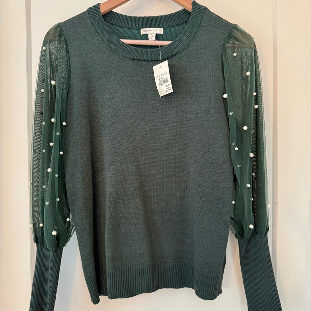 NWT Cato JM SPORTSWEAR Evening Soirée sweater, pearl sleeves, hunter green